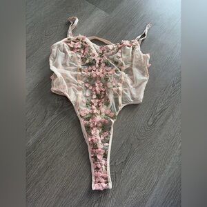 Sheer Pink Floral Embroidered tanga Lace Bodysuit fairy grunge romantic